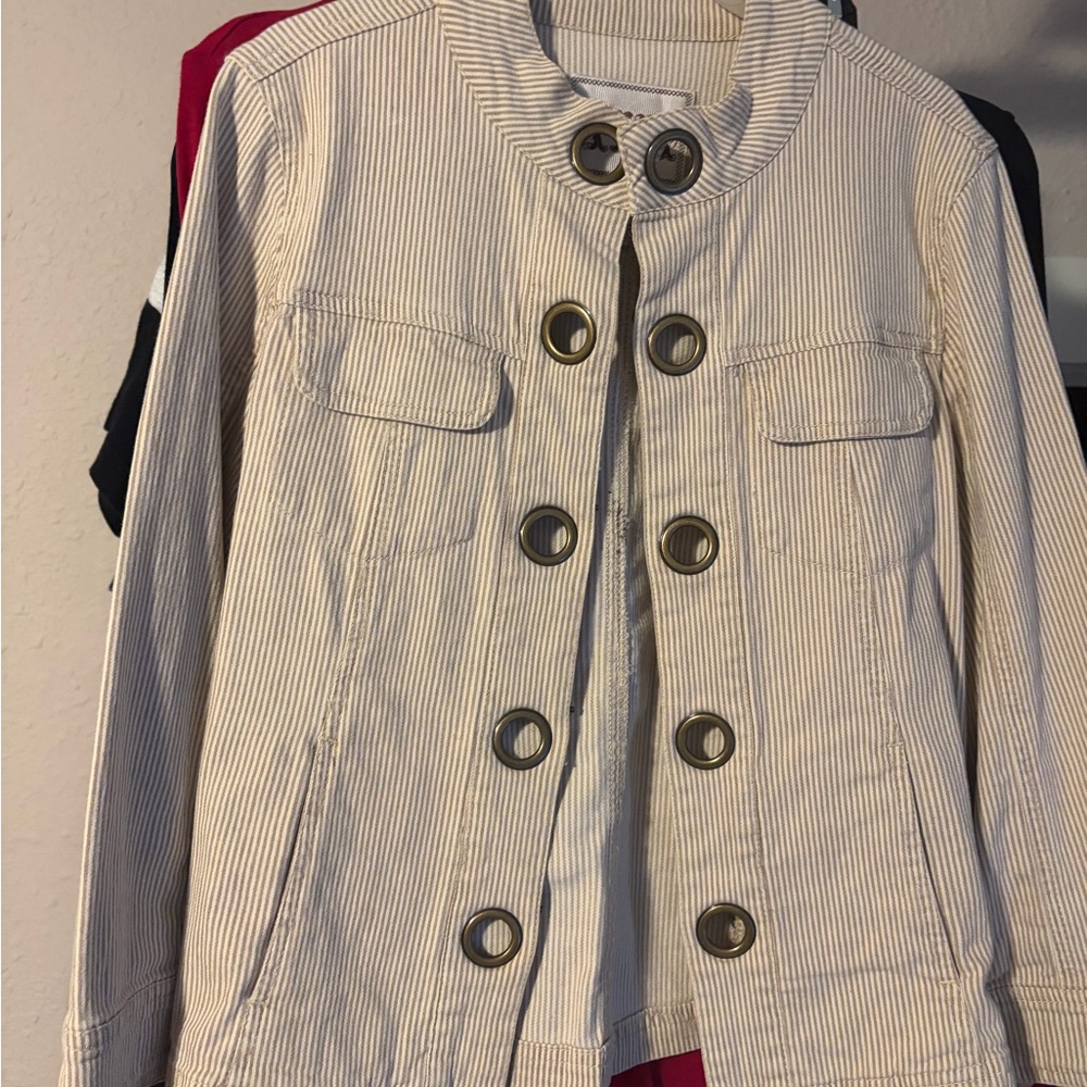 Striped Cream Utility Jacket with Grommet Detail